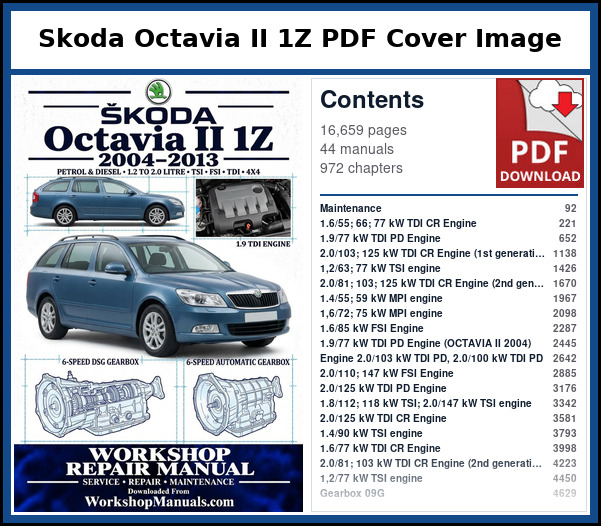 Skoda Octavia II 1Z PDF Cover Image with Table of Contents Cover of the Skoda Octavia II 1Z service manual PDF beside a list of the 44 factory manuals it contains, with their page numbers