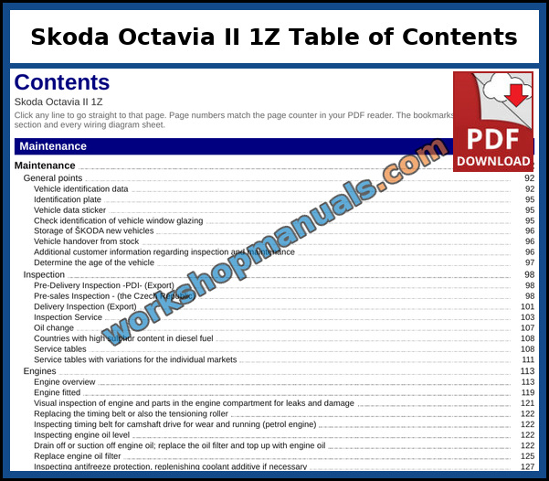 Skoda Octavia II 1Z Table of Contents (Sample Page) Opening page of the clickable table of contents from the Skoda Octavia II 1Z service manual PDF, which runs to 90 pages
