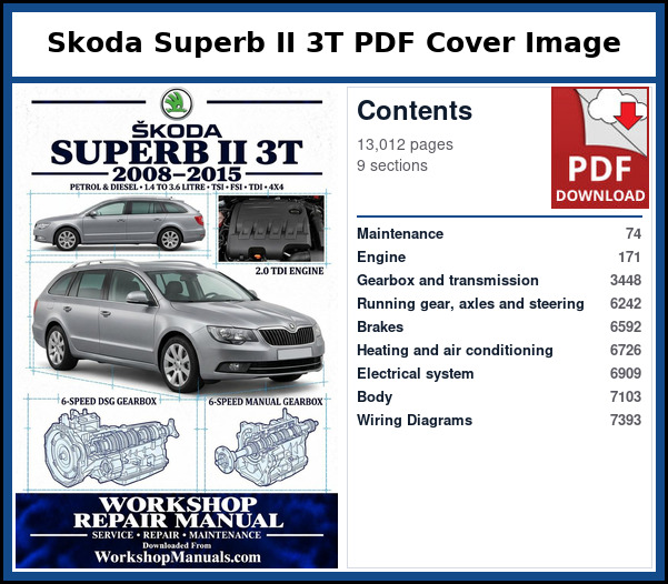 Skoda Superb II 3T PDF Cover Image with Table of Contents Cover page and contents of the Skoda Superb II 3T workshop repair manual PDF for 2008 to 2015, with page numbers for maintenance, engines, gearbox, running gear, electrics and body