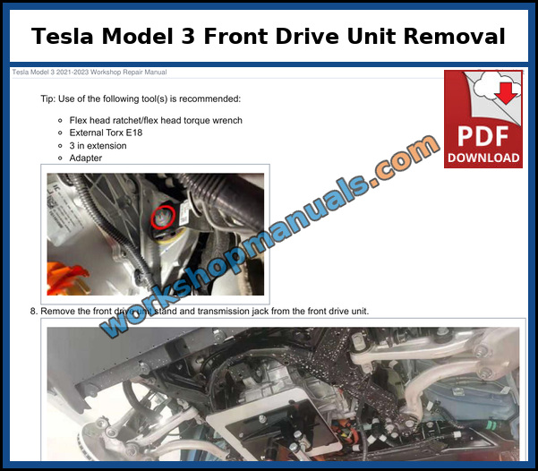 Tesla Model 3 front drive unit removal with recommended tools and photos from the factory service manual