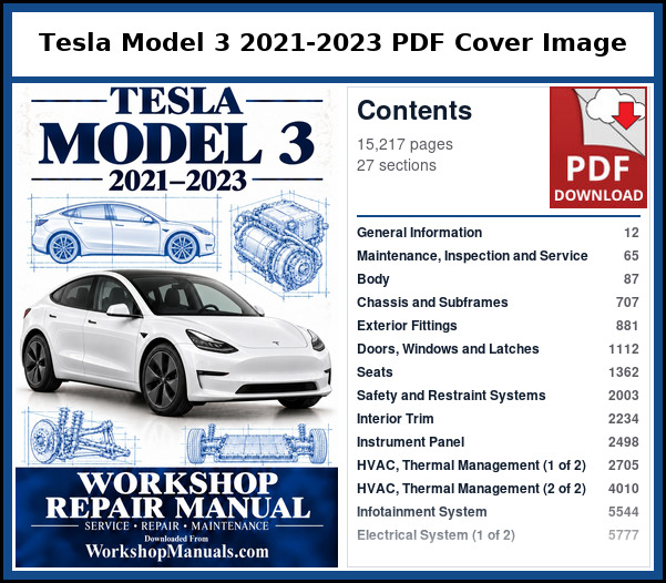 Tesla Model 3 2021-2023 PDF Cover Image with Table of Contents Cover and contents page of the Tesla Model 3 service manual PDF covering 2021 to 2023, 15,217 pages