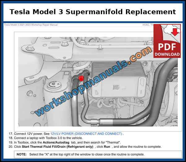 Tesla Model 3 supermanifold replacement steps with the Toolbox 3 thermal fill routine from the factory service manual