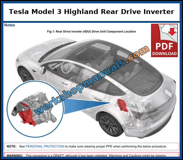 Tesla Model 3 Highland rear drive inverter on the 4DU drive unit, component location from the factory service manual
