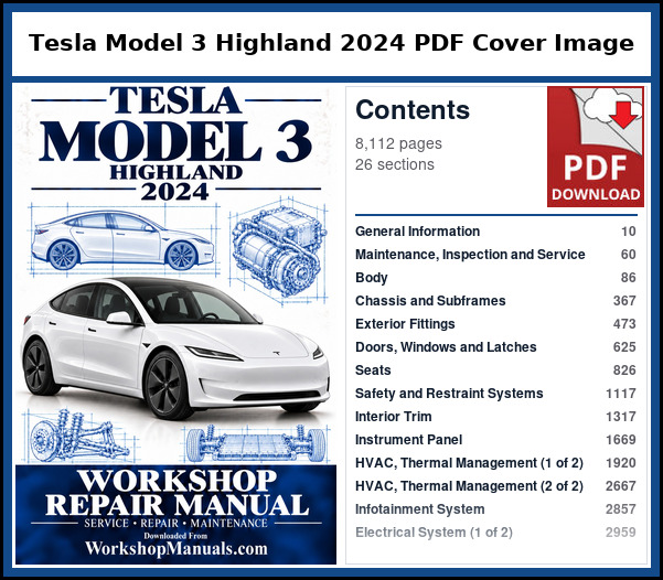 Tesla Model 3 Highland 2024 PDF Cover Image with Table of Contents Cover and contents page of the Tesla Model 3 Highland 2024 service manual PDF, 8,112 pages