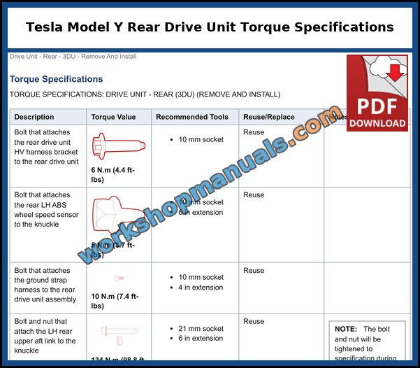 Tesla Model Y rear drive unit torque specification table with torque values, tools and reuse notes from the factory service manual