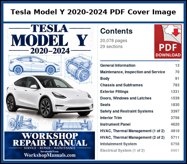 Tesla Model Y 2020-2024 PDF Cover Image with Table of Contents Cover and contents page of the Tesla Model Y service manual PDF covering 2020 to 2024, 20,078 pages