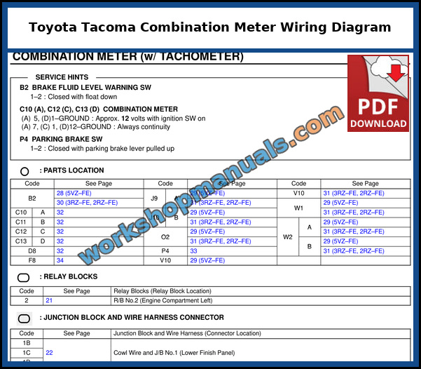 Toyota Tacoma combination meter wiring diagram from the first generation electrical manual