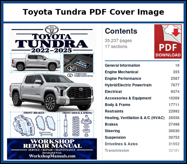 Toyota Tundra PDF Cover Image with Table of Contents Cover and contents page of the Toyota Tundra service manual PDF covering 2022 to 2025, 35,237 pages