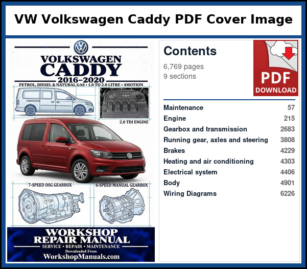 VW Volkswagen Caddy PDF Cover Image with Table of Contents Cover page and contents of the VW Caddy workshop repair manual PDF for 2016 to 2020, with page numbers for maintenance, engines, gearbox, running gear, electrics and body