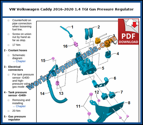 Assembly overview of the gas pressure regulator with coolant hoses and tank pressure sensor on the VW Caddy 1.4 TGI natural gas engine, from the factory service manual