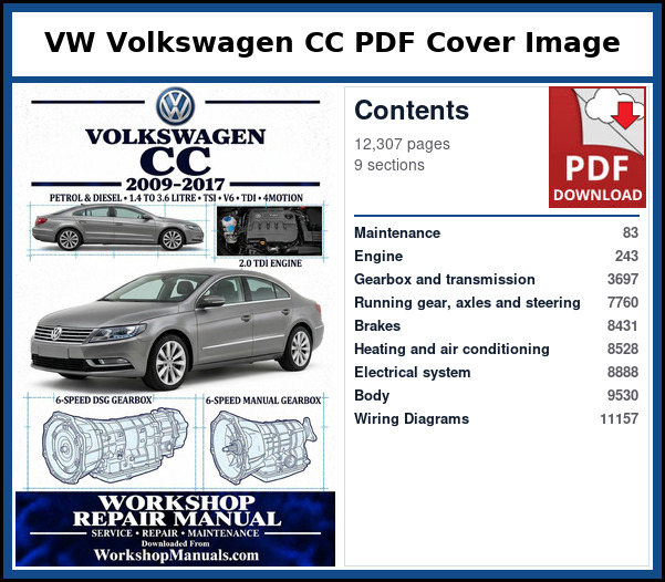 VW Volkswagen CC PDF Cover Image with Table of Contents Cover page and contents of the VW CC workshop repair manual PDF for 2009 to 2017, with page numbers for maintenance, engines, gearbox, running gear, electrics and body