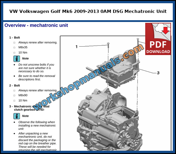 Overview of the mechatronic unit on the VW Golf Mk6 7 speed 0AM dual clutch gearbox, from the factory service manual