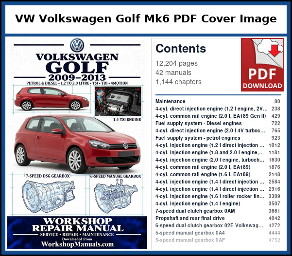 VW Volkswagen Golf Mk6 PDF Cover Image with Table of Contents Cover of the VW Volkswagen Golf Mk6 service manual PDF beside a list of the 42 factory manuals it contains, with their page numbers