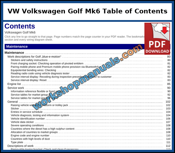 VW Volkswagen Golf Mk6 Table of Contents (Sample Page) Opening page of the clickable table of contents from the VW Volkswagen Golf Mk6 service manual PDF, which runs to 78 pages