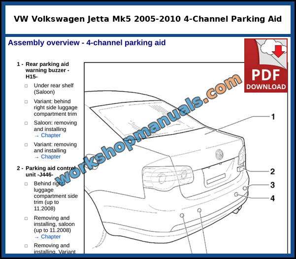 Assembly overview of the 4-channel parking aid with rear warning buzzer, parking aid control unit and rear bumper senders on the VW Jetta Mk5 saloon, from the factory service manual