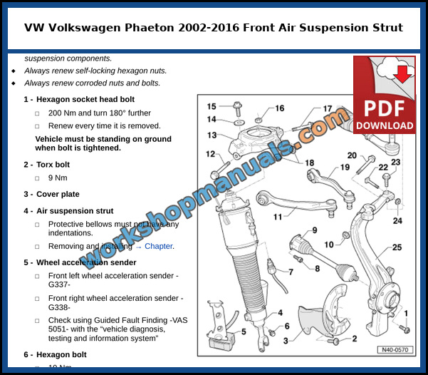 VW Phaeton front axle assembly overview with the mounting bracket, upper suspension links, air suspension strut and wheel bearing housing, from the factory service manual