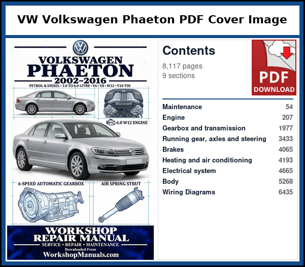 VW Volkswagen Phaeton PDF Cover Image with Table of Contents Cover page and contents of the VW Phaeton workshop repair manual PDF for 2002 to 2016, with page numbers for maintenance, engines, gearbox, running gear, electrics and body