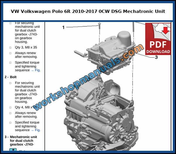 Exploded view of the mechatronic unit on the VW Polo 7 speed 0CW dual clutch gearbox, from the factory service manual