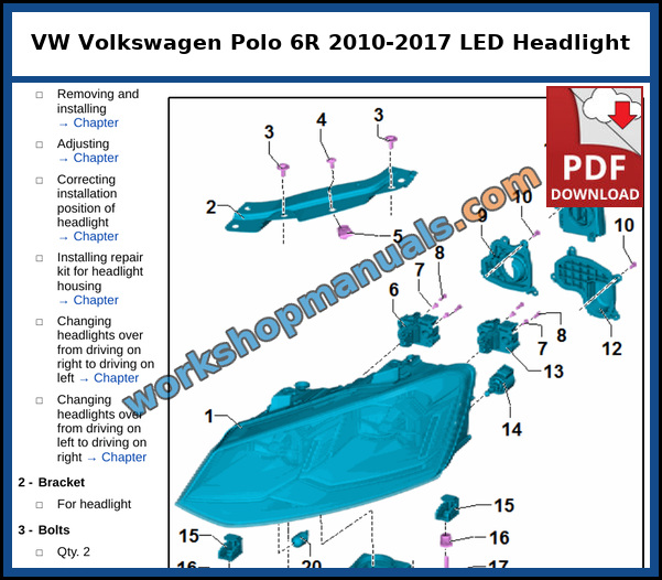 Assembly overview of the LED headlight with brackets, adjusting elements and LED module on the VW Polo 2014, from the factory service manual