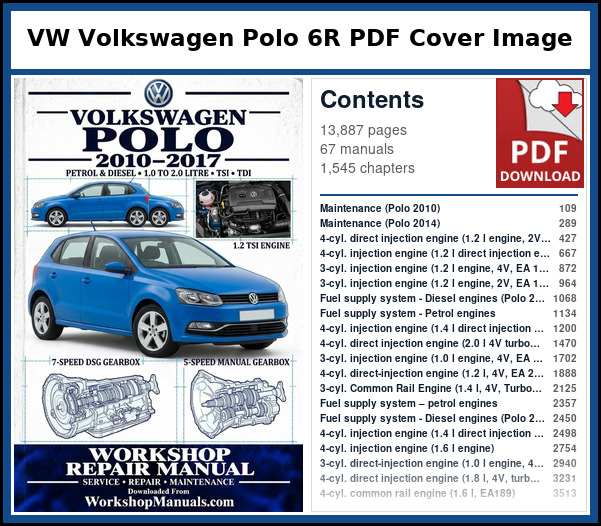 VW Volkswagen Polo 6R PDF Cover Image with Table of Contents Cover of the VW Volkswagen Polo 6R service manual PDF beside a list of the 67 factory manuals it contains, with their page numbers