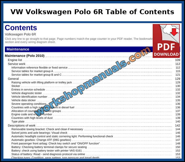 VW Volkswagen Polo 6R Table of Contents (Sample Page) Opening page of the clickable table of contents from the VW Volkswagen Polo 6R service manual PDF, which runs to 107 pages