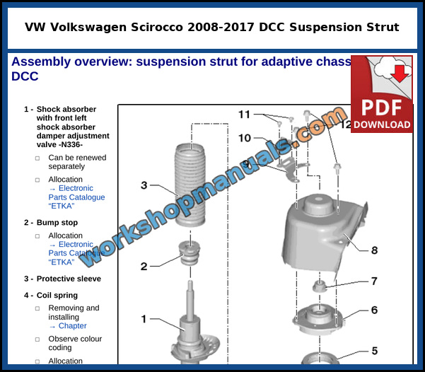 Assembly overview of the front suspension strut with damper adjustment valve, coil spring and strut mounting on the VW Scirocco with adaptive chassis control DCC, from the factory service manual
