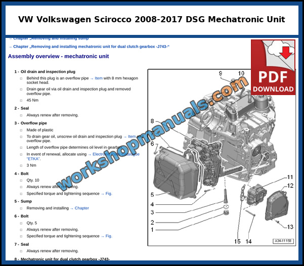 Assembly overview of the mechatronic unit, oil drain plug and sump on the VW Scirocco 6 speed 02E dual clutch gearbox, from the factory service manual