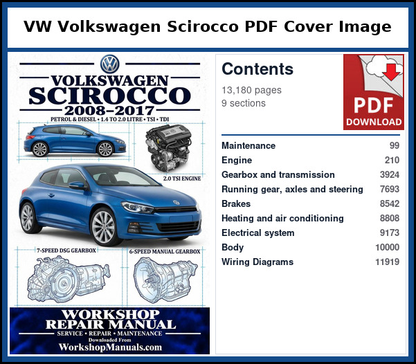 VW Volkswagen Scirocco PDF Cover Image with Table of Contents Cover page and contents of the VW Scirocco workshop repair manual PDF for 2008 to 2017, with page numbers for maintenance, engines, gearbox, running gear, electrics and body