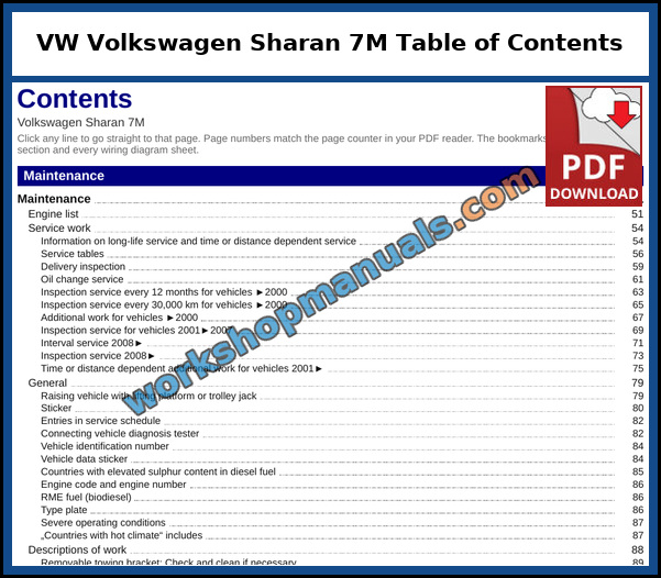 VW Volkswagen Sharan 7M Table of Contents (Sample Page) Opening page of the clickable table of contents from the VW Volkswagen Sharan 7M service manual PDF, which runs to 49 pages