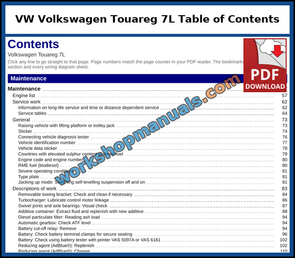 VW Volkswagen Touareg 7L Table of Contents (Sample Page) Opening page of the clickable table of contents from the VW Volkswagen Touareg 7L service manual PDF, which runs to 55 pages
