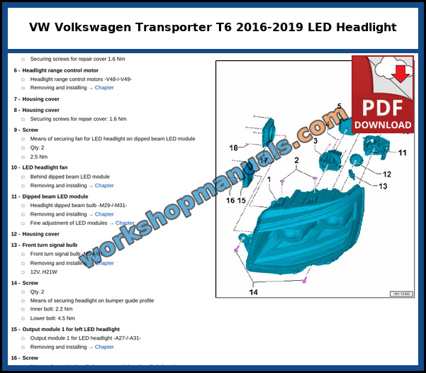 Assembly overview of the LED headlight with dipped beam module, headlight fan and range control motor on the VW Transporter T6, from the factory service manual