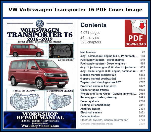 VW Volkswagen Transporter T6 PDF Cover Image with Table of Contents Cover of the VW Volkswagen Transporter T6 service manual PDF beside a list of the 24 factory manuals it contains, with their page numbers
