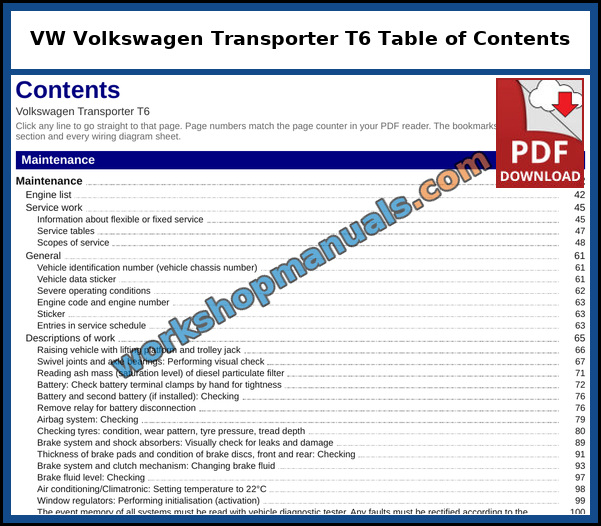 VW Volkswagen Transporter T6 Table of Contents (Sample Page) Opening page of the clickable table of contents from the VW Volkswagen Transporter T6 service manual PDF, which runs to 40 pages